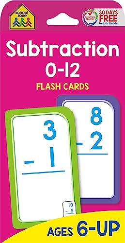 Book Cover School Zone - Subtraction 0-12 Flash Cards - Ages 6 and Up, 1st Grade, 2nd Grade, Numbers 0-12, Math, Problem Solving, Subtraction Problems, Counting, and More