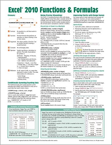 Book Cover Microsoft Excel 2010 Functions & Formulas Quick Reference Guide (4-page Cheat Sheet focusing on examples and context for intermediate-to-advanced functions and formulas- Laminated Guide)