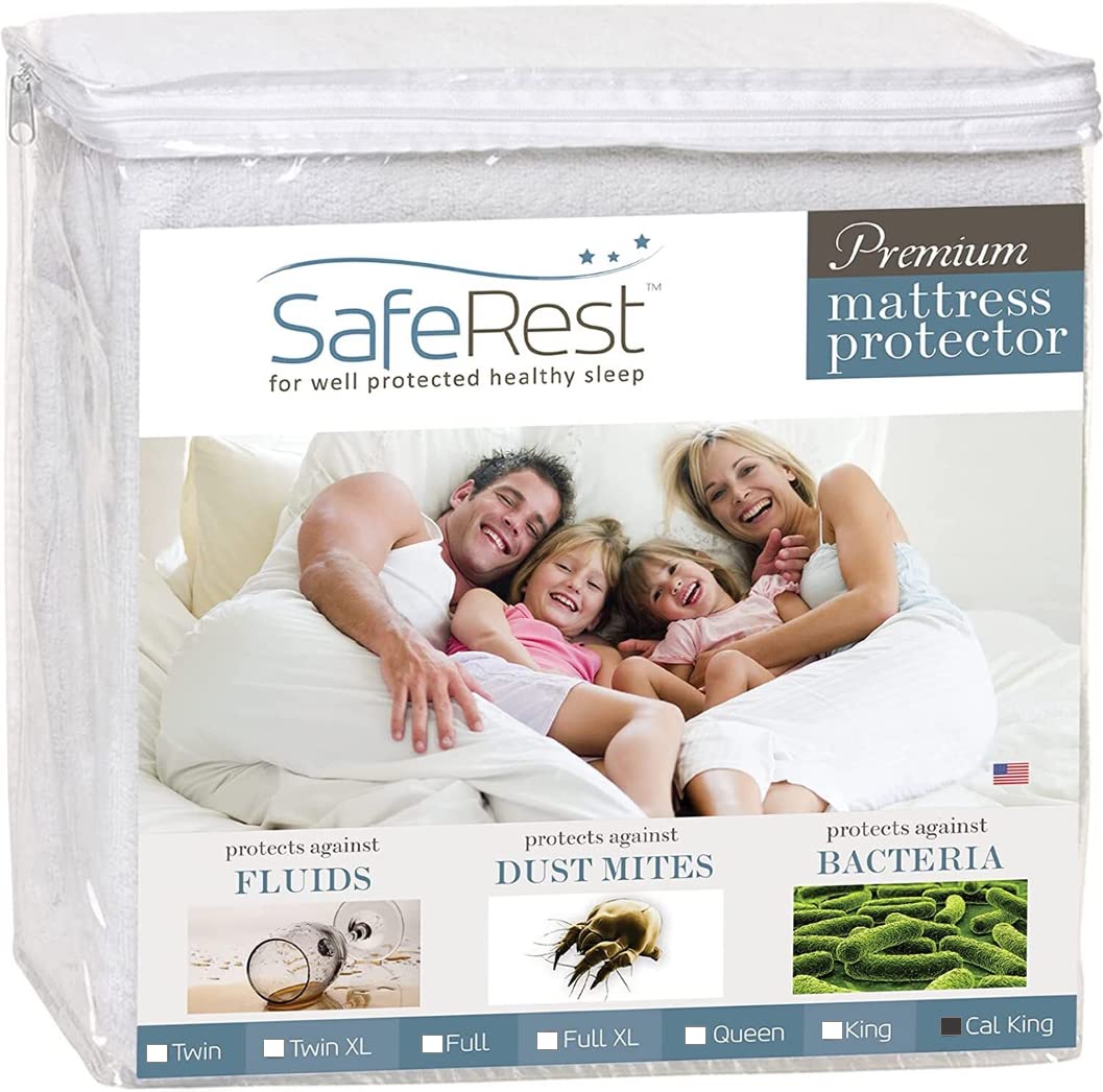 Book Cover SafeRest Mattress Protector - California King Size Cotton Terry Waterproof Mattress Protector, Breathable Fitted Mattress Cover with Stretchable Pockets