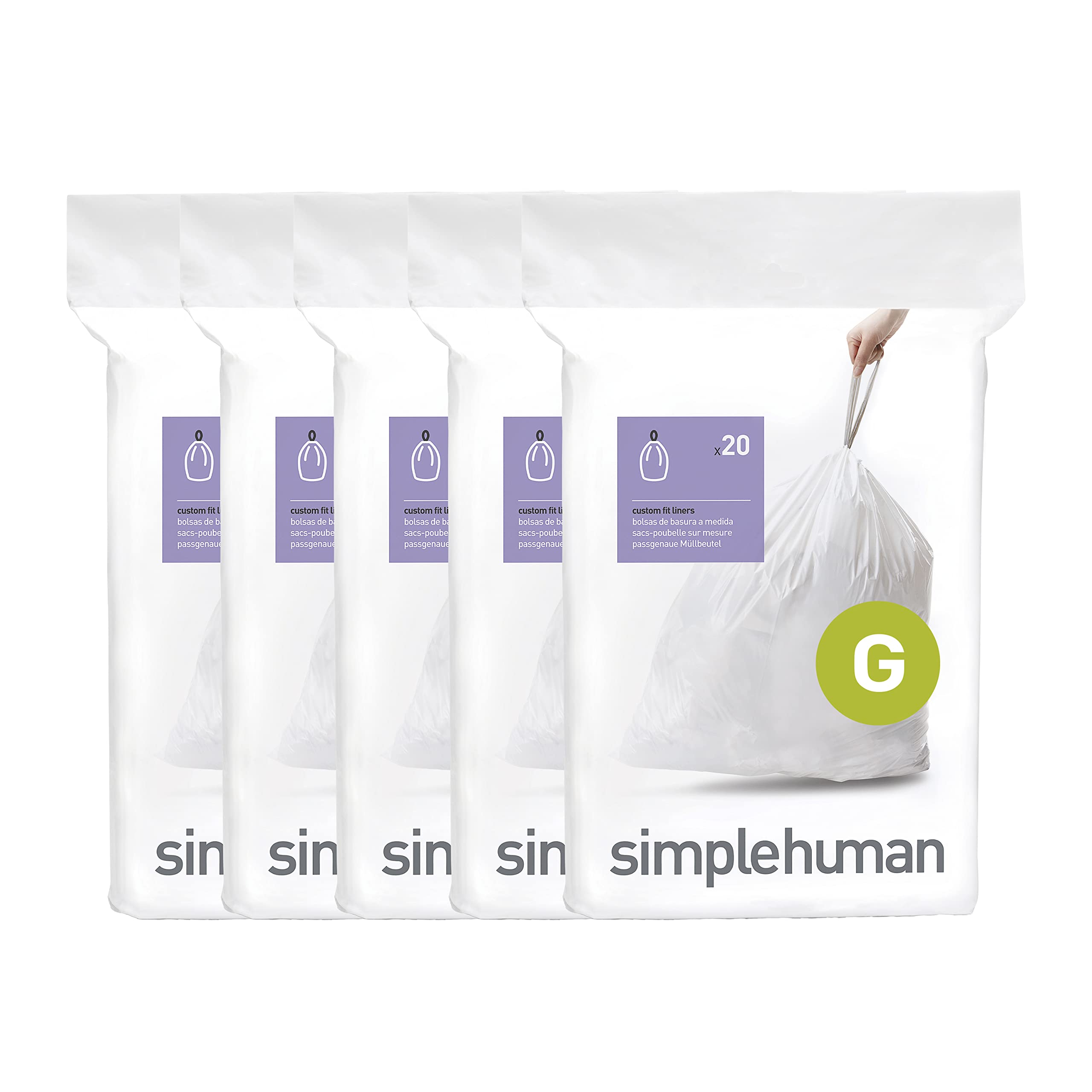 Book Cover simplehuman Code G Custom Fit Drawstring Trash Bags in Dispenser Packs, 100 Count, 30 Liter / 8 Gallon, White 100 Count (Pack of 1) Solid