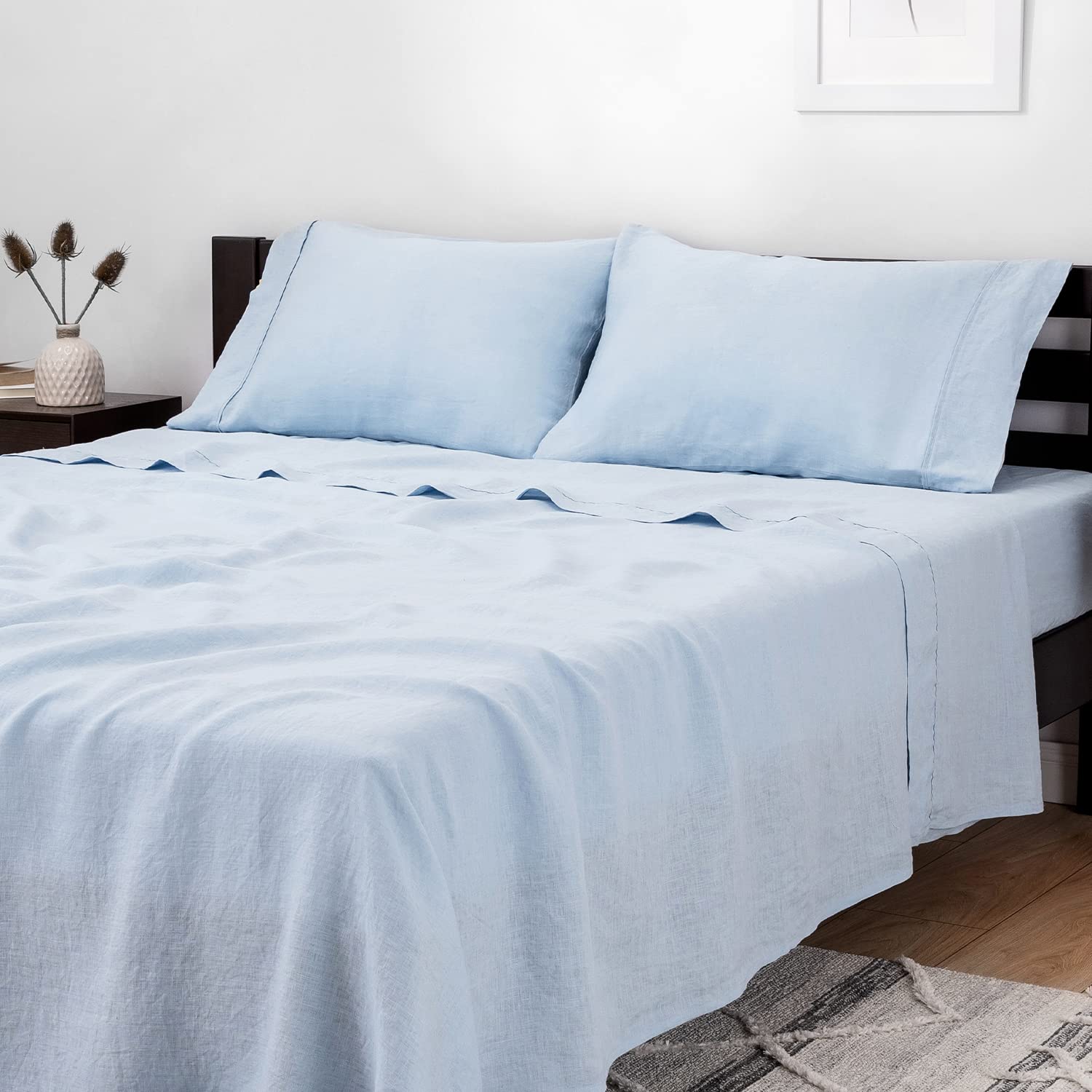 Book Cover Mellanni 100% Linen Sheets King Size - Blue Sheets Linen Set - Includes King Fitted Sheet Deep Pocket, Flat Sheet and 2 Pillow Cases - Lightweight, Breathable and Durable (King, Blue) King Blue