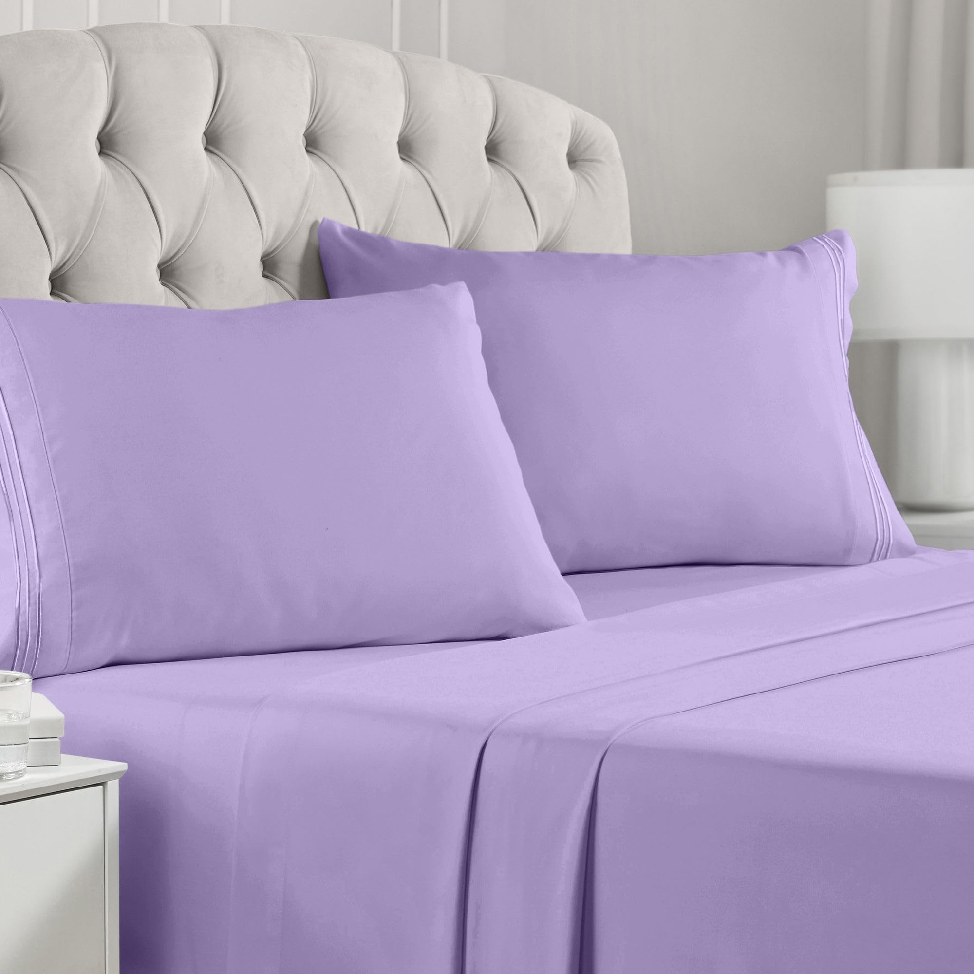 Book Cover Mellanni California King Sheet Set - 4 Piece Iconic Collection Bedding Sheets & Pillowcases - Hotel Luxury, Extra Soft, Cooling Bed Sheets - Deep Pocket up to 16 inch - Easy Care (Cal King, Violet) California King Violet