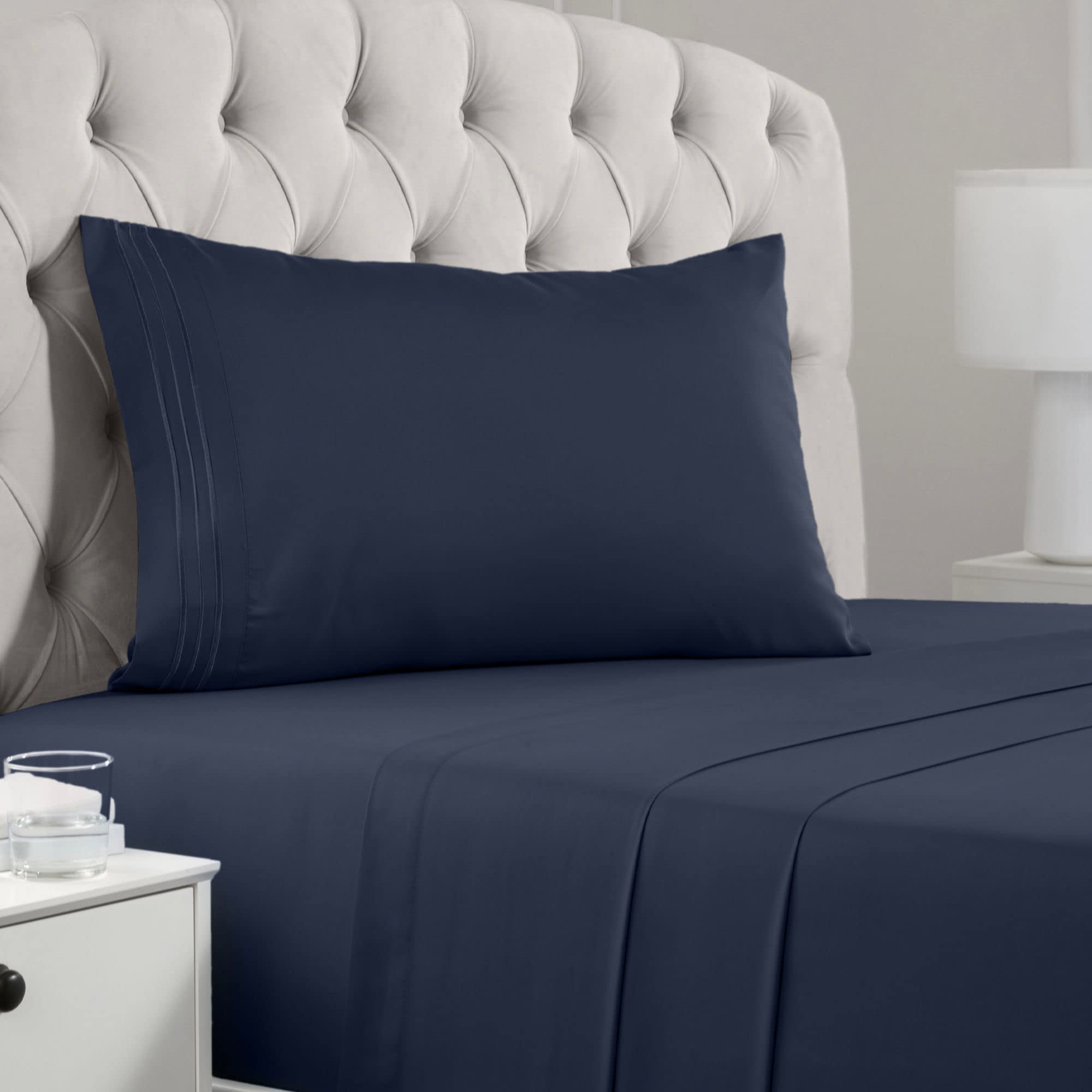 Book Cover Mellanni Twin Sheet Set - 3 Piece Iconic Collection Bedding Sheets & Pillowcases - Luxury, Extra Soft, Cooling Bed Sheets - Deep Pocket up to 16 inch - Wrinkle, Fade, Stain Resistant (Twin, Navy Blue) Twin Navy Blue