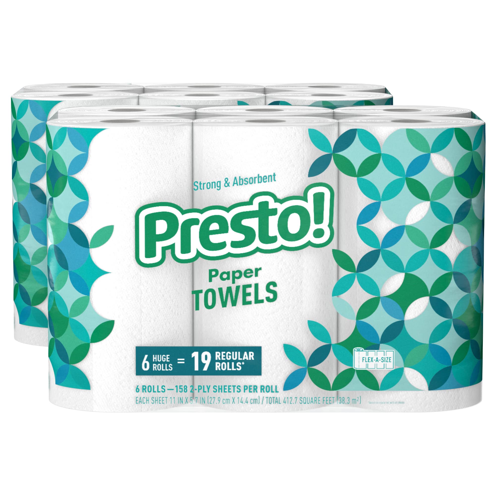 Book Cover Amazon Brand - Presto! Flex-a-Size Paper Towels, 158 Sheet Huge Roll, 12 Rolls (2 Packs of 6), Equivalent to 38 Regular Rolls, White 6 Count (Pack of 2)
