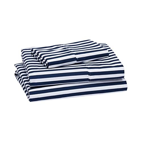 Book Cover Amazon Basics Lightweight Super Soft Easy Care Microfiber Bed Sheet Set with 14â€ Deep Pockets - Twin, Navy Pinstripe