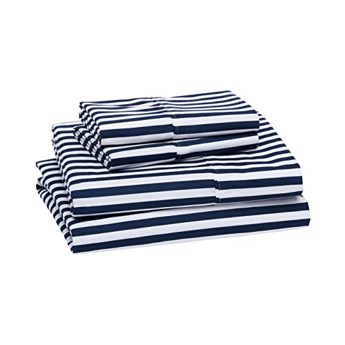 Book Cover Amazon Basics Lightweight Super Soft Easy Care Microfiber Bed Sheet Set with 14â€ Deep Pockets - Queen, Navy Pinstripe