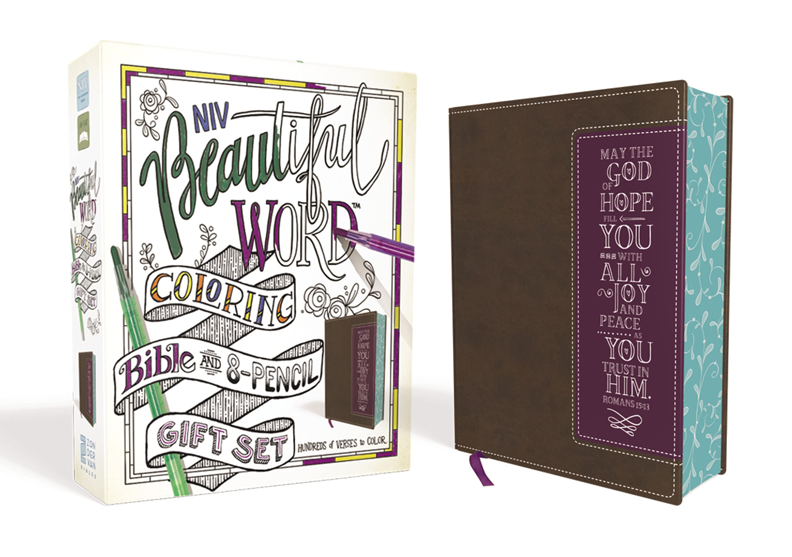 Book Cover NIV, Beautiful Word Coloring Bible and 8-Pencil Gift Set, Leathersoft, Brown/Purple: Hundreds of Verses to Color