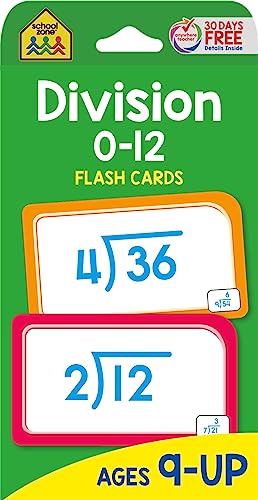 Book Cover School Zone - Division 0-12 Flash Cards - Ages 9 and Up, 3rd Grade, 4th Grade, Math Equations, Division Practice, Dividends, Numbers 0-12, and More