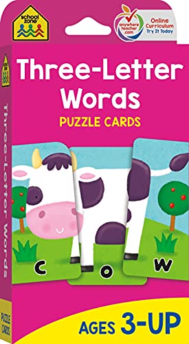 Book Cover School Zone - Three-Letter Words Puzzle Flash Cards - Ages 3+, Preschool to Kindergarten, Letters, Letter Recognition, Word-Picture Recognition, Spelling, and More
