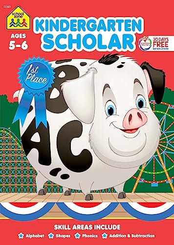 Book Cover School Zone - Kindergarten Scholar Workbook - 64 Pages, Ages 5 to 6, Alphabet, Phonics, Shapes, Patterns, Counting, Addition & Subtraction, and More