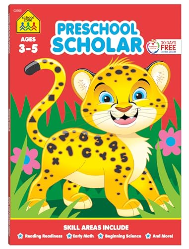 Book Cover School Zone - Preschool Scholar Workbook - 64 Pages, Ages 3 to 5, Preschool to Kindergarten, Reading Readiness, Early Math, Science, ABCs, Writing, and More