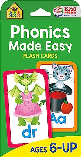 Book Cover School Zone - Phonics Made Easy Flash Cards - Ages 6 and Up, Kindergarten, 1st Grade, 2nd Grade, Early Reading, Short Vowels, Long Vowels, Letter Combinations, Word-Picture Recognition, and More