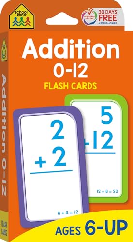 Book Cover School Zone - Addition 0-12 Flash Cards - Ages 6 and Up, 1st Grade, 2nd Grade, Numbers 0-12, Math, Problem Solving, Addition Problems, Counting, and More