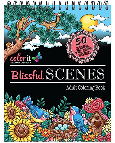 Book Cover Blissful Scenes Adult Coloring Book - Features 50 Original Hand Drawn Designs Printed on Artist Quality Paper, Hardback Covers, Spiral Binding, Perforated Pages, Bonus Blotter