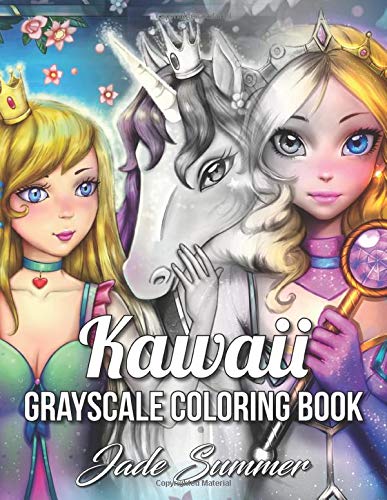 Book Cover Kawaii Grayscale: An Adult Coloring Book with Beautiful Anime Portraits, Mythical Creatures, and Fantasy Scenes