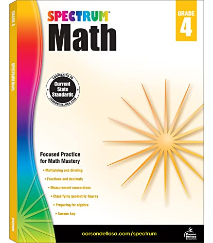 Book Cover Spectrum 4th Grade Math Workbook, Multiplication, Division, Fractions, Decimals, Algebra Prep, Geometry, Measurement Conversions, Classroom or Homeschool Curriculum