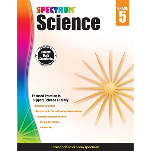 Book Cover Spectrum 5th Grade Science Workbooks, Ages 10 to 11, 5th Grade Science, Research Safety Tips and Physical, Earth, Space, and Life Science with Research Activities - 144 Pages