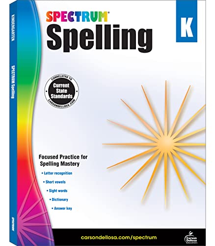 Book Cover Spectrum Spelling Kindergarten Workbooks, Ages 5 to 6, Kindergarten Spelling, Phonics Activities With Alphabet Letters, Sight Words, Vowels, and Dictionary Skills - 128 Pages