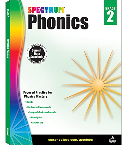 Book Cover Spectrum Phonics Grade 2, Ages 7 to 8, Grade 2 Phonics Workbook, Blends, Consonants, Vowel Sounds and Pairs, Letters, Words, and Sentence Writing Practice - 160 Pages