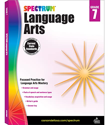 Book Cover Spectrum 7th Grade Language Arts Workbook, Grammar, Vocabulary, Sentence Types, Parts of Speech, and Writing Practice, Classroom or Homeschool Curric