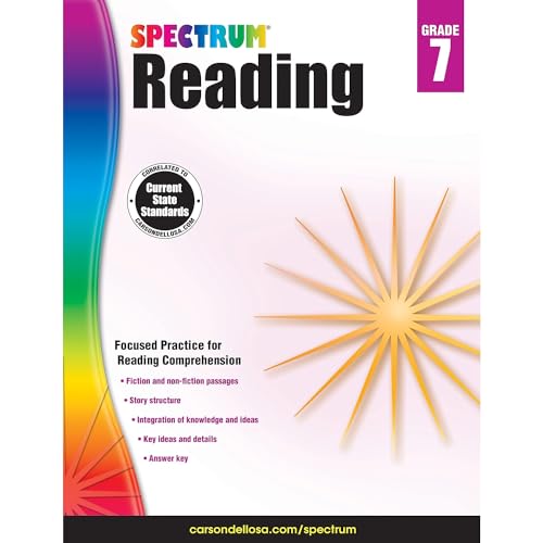 Book Cover Spectrum 7th Grade Reading Workbookâ€”State Standards for Reading Comprehension, Nonfiction Fiction Passages With Answer Key for Homeschool or Classroom (160 pgs)