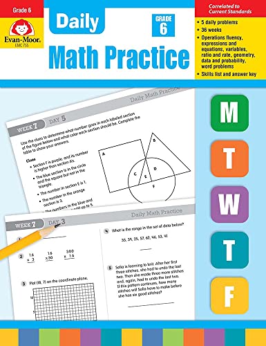 Book Cover Evan-Moor Daily Math Practice, Grade 6, Homeschool & Classroom Workbook, Multiplication, Division, Ratios, Percent, Word Problems, Geometry, Exponents, Fractions, Reproducible Worksheets
