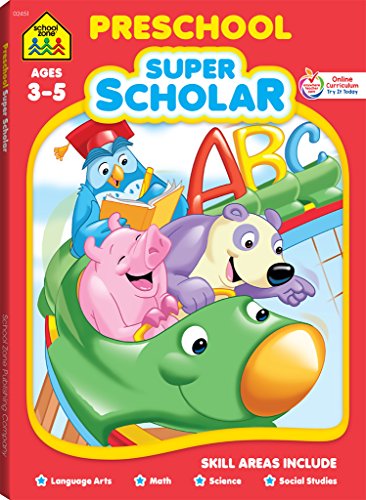 Book Cover School Zone - Preschool Super Scholar Workbook - 128 Pages, Ages 3 to 5, Preschool to Kindergarten, Alphabet, Numbers 1-12, Colors, Shapes, Math, Science, and More