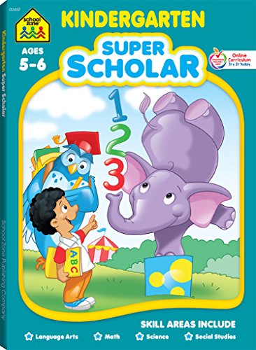 Book Cover School Zone - Kindergarten Super Scholar Workbook - 128 Pages, Ages 5 to 6, Shapes, Colors, Beginning Sounds, Identifying Patterns, and More