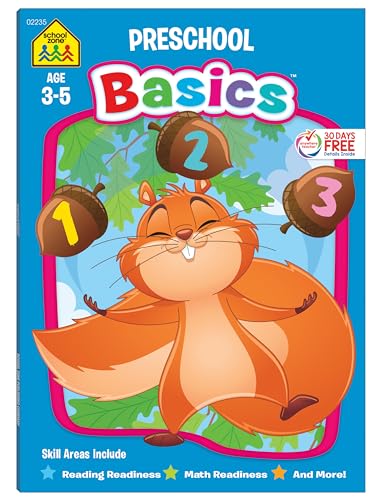Book Cover School Zone - Preschool Basics Workbook - 64 Pages, Ages 3 to 5, Colors, Numbers, Counting, Matching, Classifying, Beginning Sounds, and More (School Zone Basics Workbook Series)