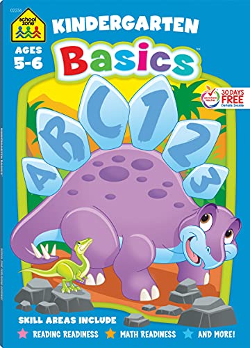 Book Cover School Zone - Kindergarten Basics Workbook - 64 Pages, Ages 5 to 6, Reading & Math Readiness, Alphabet, Shapes, Patterns, Numbers 0-10, Beginning Sounds, and More (School Zone Basics Workbook Series)