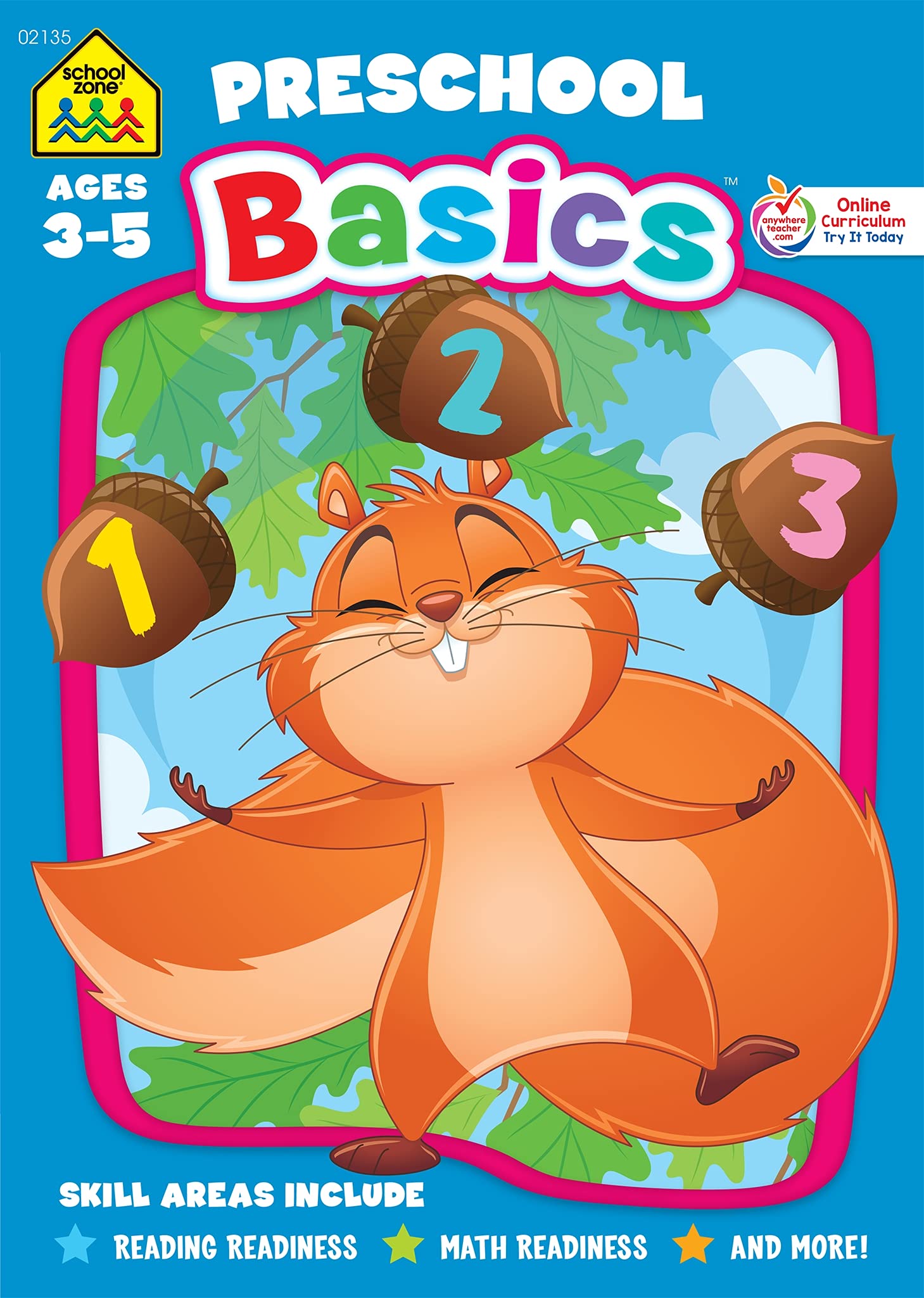 Book Cover School Zone - Preschool Basics Workbook - 32 Pages, Ages 3 to 5, Preschool to Kindergarten, School Readiness, Opposites, Beginning Sounds, Counting, and More (School Zone Basics Workbook Series)