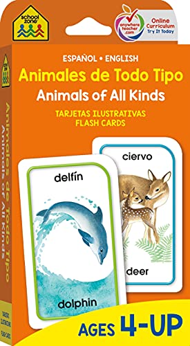 Book Cover School Zone - Bilingual Animals of All Kinds Flash Cards - Ages 4+, Preschool, Kindergarten, ESL, Language Immersion, Animal Names, Classes, and More (Spanish and English Edition) (Spanish Edition)