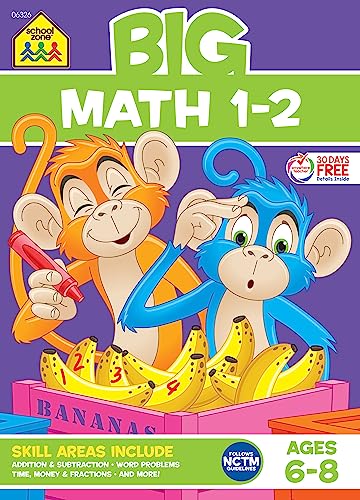 Book Cover School Zone - Big Math 1-2 Workbook - 320 Pages, Ages 6 to 8, 1st Grade, 2nd Grade, Addition, Subtraction, Word Problems, Time, Money, Fractions, and More (School Zone Big Workbook Series)