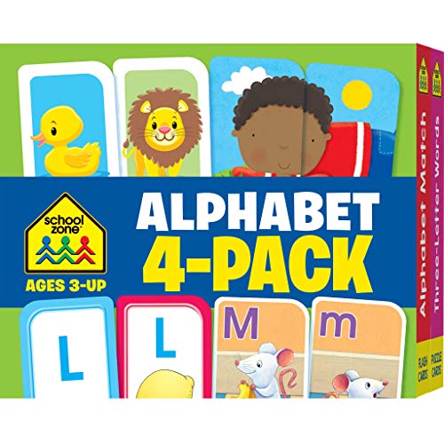 Book Cover School Zone - Alphabet Flash Cards 4 Pack - Ages 3 and Up, Preschool to Kindergarten, Lowercase and Uppercase Letters, Letter-Picture Recognition, Beginning Sounds, and More (Flash Card 4-pk)