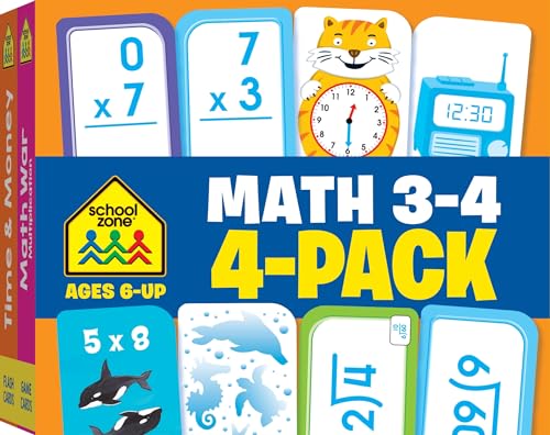 Book Cover School Zone - Math 3-4 Flash Cards 4 Pack - Ages 6 and Up, 3rd Grade, 4th Grade, Multiplication, Division, Time and Money, and More (Flash Card 4-pk)