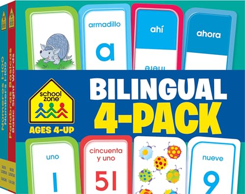 Book Cover School Zone - Bilingual Spanish/English Flash Cards 4 Pack - Ages 4+, Preschool to Kindergarten, ESL, Language Immersion, ABCs, Sight Words, and More (English and Spanish Edition) (Flash Card 4-pk)