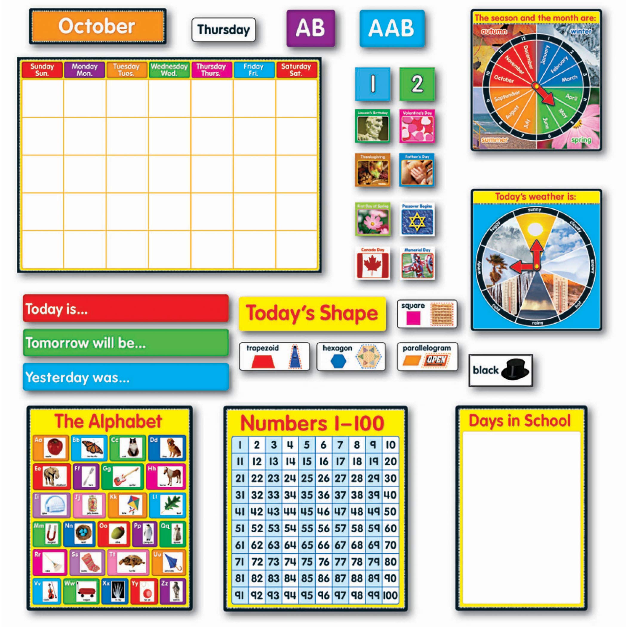 Book Cover Carson Dellosa Circle Time Learning Center Calendar Bulletin Board Set, Monthly Calendar with Numbers, Holidays, Alphabet, Weather, Seasons, Colors, Shapes, Hundreds Chart, Kindergarten Up (214 pc)