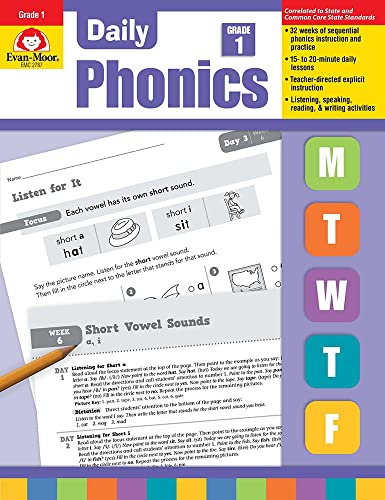 Book Cover Evan-Moor Daily Phonics, Grade 1, Homeschooling & Classroom Resource Workbook. Phonemic Awareness, Decoding, Word-Study, Teaching Editions, Reproducible Worksheets