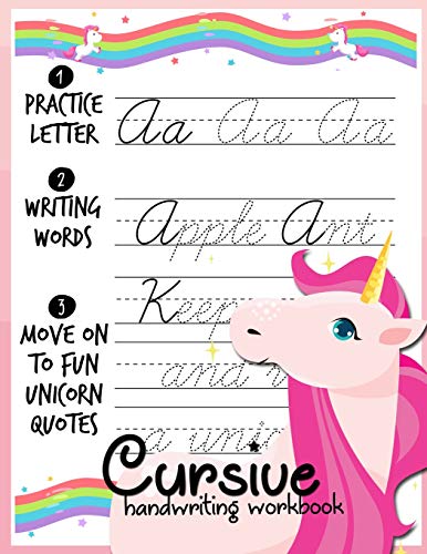 Book Cover Cursive handwriting workbook: Unicorn Cursive Writing Practice Book Homework For Girl Kids Beginners How to Write Cursive Alfhabet Step By Step And 104 Word To Practice And 26 Unicorn Coloring