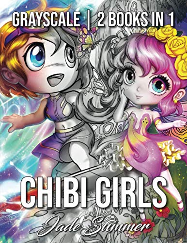 Book Cover Chibi Girls Grayscale: An Adult Coloring Book Collection with Adorable Kawaii Characters, Lovable Manga Animals, and Delightful Fantasy Scenes