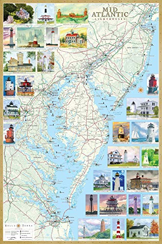 Mid-Atlantic Lighthouses Illustrated Map & Guide Laminated Poster