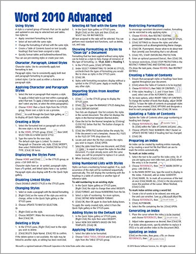 Microsoft Word 2010 Advanced Quick Reference Guide (Cheat Sheet of Instructions, Tips & Shortcuts - Laminated Card)