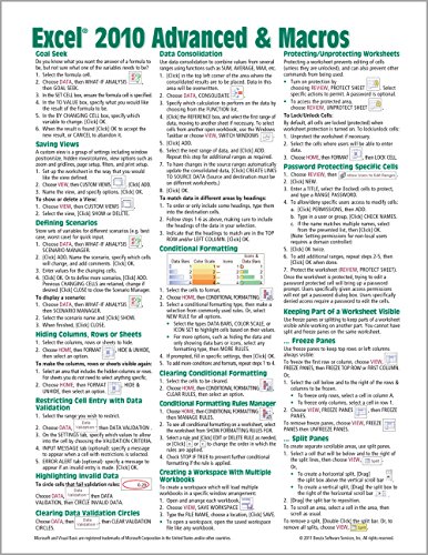 Book Cover Microsoft Excel 2010 Advanced & Macros Quick Reference Guide (Cheat Sheet of Instructions, Tips & Shortcuts - Laminated Card)