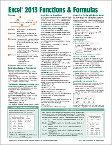 Microsoft Excel 2013 Functions & Formulas Quick Reference Card (4-page Cheat Sheet focusing on examples and context for intermediate-to-advanced functions and formulas- Laminated Guide)