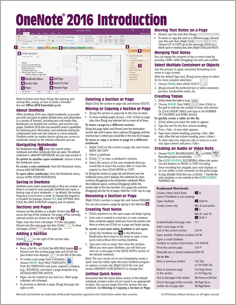 Book Cover OneNote 2016 Introduction Quick Reference Guide - Windows Version (Cheat Sheet of Instructions, Tips & Shortcuts - Laminated Card)