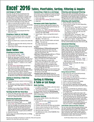 Book Cover Microsoft Excel 2016 Tables, PivotTables, Sorting, Filtering & Inquire Quick Reference Guide - Windows Version (Cheat Sheet of Instructions, Tips & Shortcuts - Laminated Card)
