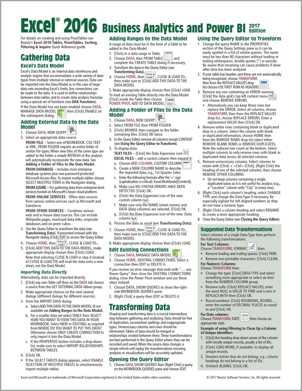 Book Cover Microsoft Excel 2016 Business Analytics & Power BI Quick Reference Guide, 2017 Ed. (4-page Cheat Sheet of Instructions, Tips & Shortcuts - Laminated Guide)