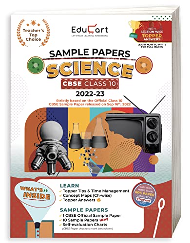 Book Cover Educart CBSE Class 10 SCIENCE Sample Papers 2023 (With Exclusive Topper Answers and Marks breakdown for 2022-23) Edubook