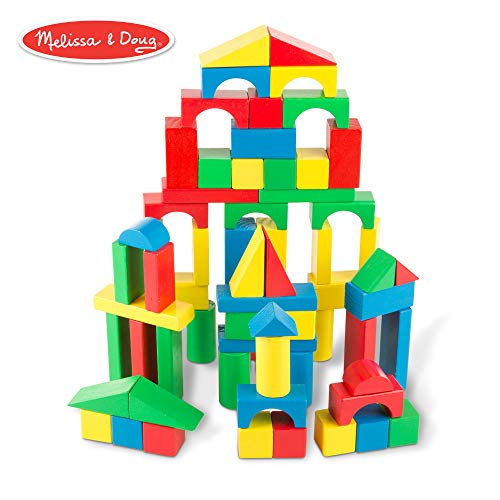 Book Cover Melissa & Doug Wooden Building Blocks Set (Developmental Toy, 100 Blocks in 4 Colors and 9 Shapes)