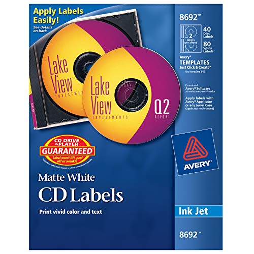 Book Cover Avery CD Labels, Matte White, 40 Disc Labels and 80 Spine Labels (8692),4.5/8 Inches